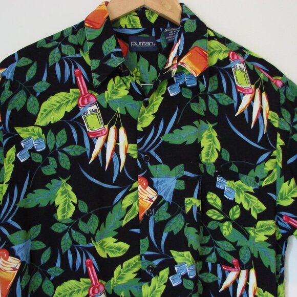 Hawaiian Button Shirt Loose Hot Sauce Drinks Cocktails Black Green Blue Medium - Picture 2 of 13